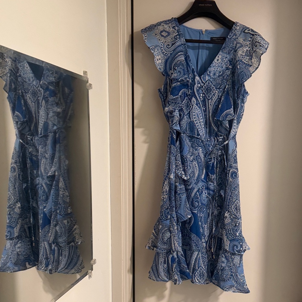 Blue Paisley Ruffle Wrap-Style Mini Dress